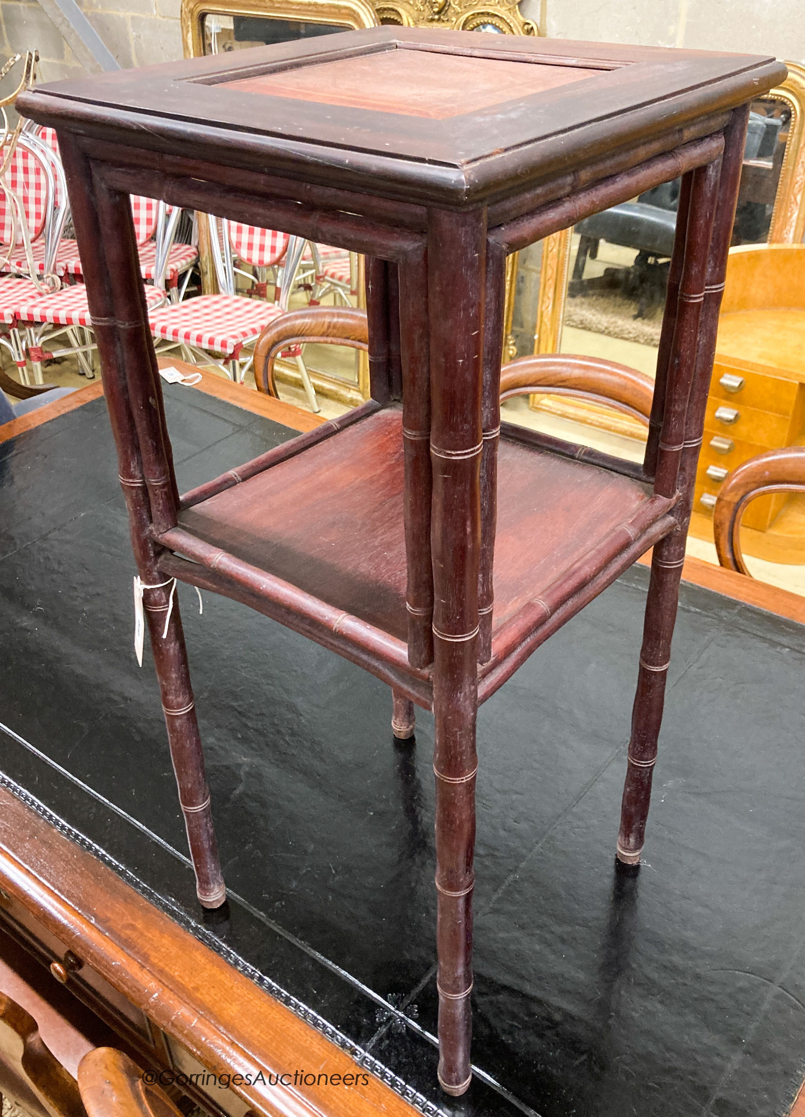 A Chinese rosewood and faux bamboo table, W.37cm D.37cm H.80cm